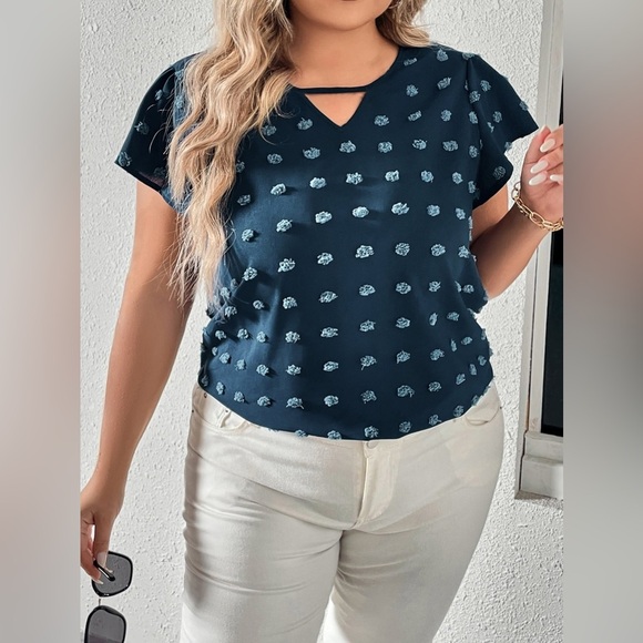 Plus Size Swiss Dot V-Neck Flutter Sleeve Tee Peacock Blue - Picture 3 of 6